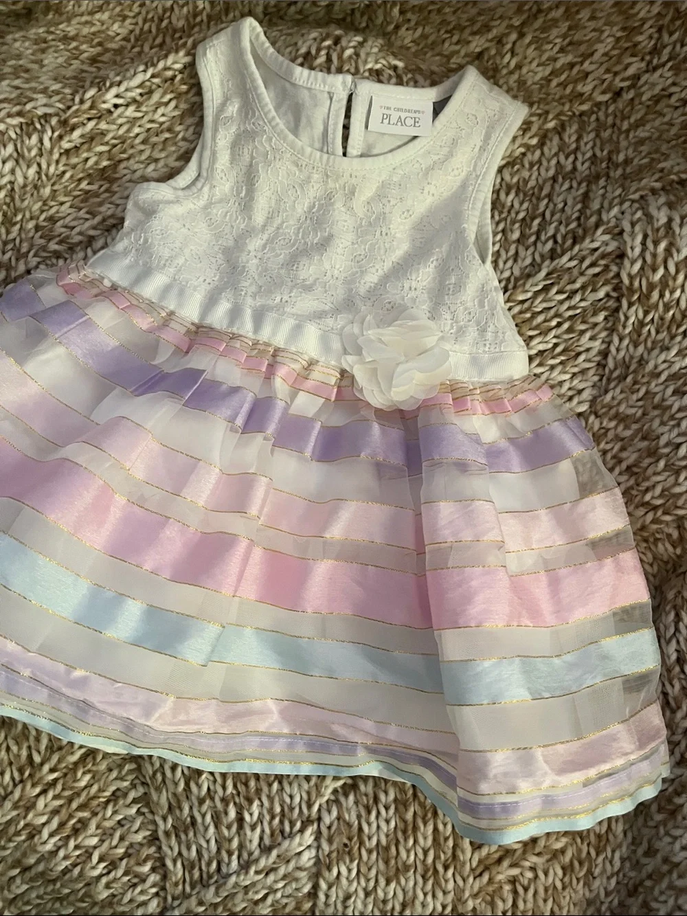 The Children's Place White Lace Bodice Pastel Striped Dress with Flower